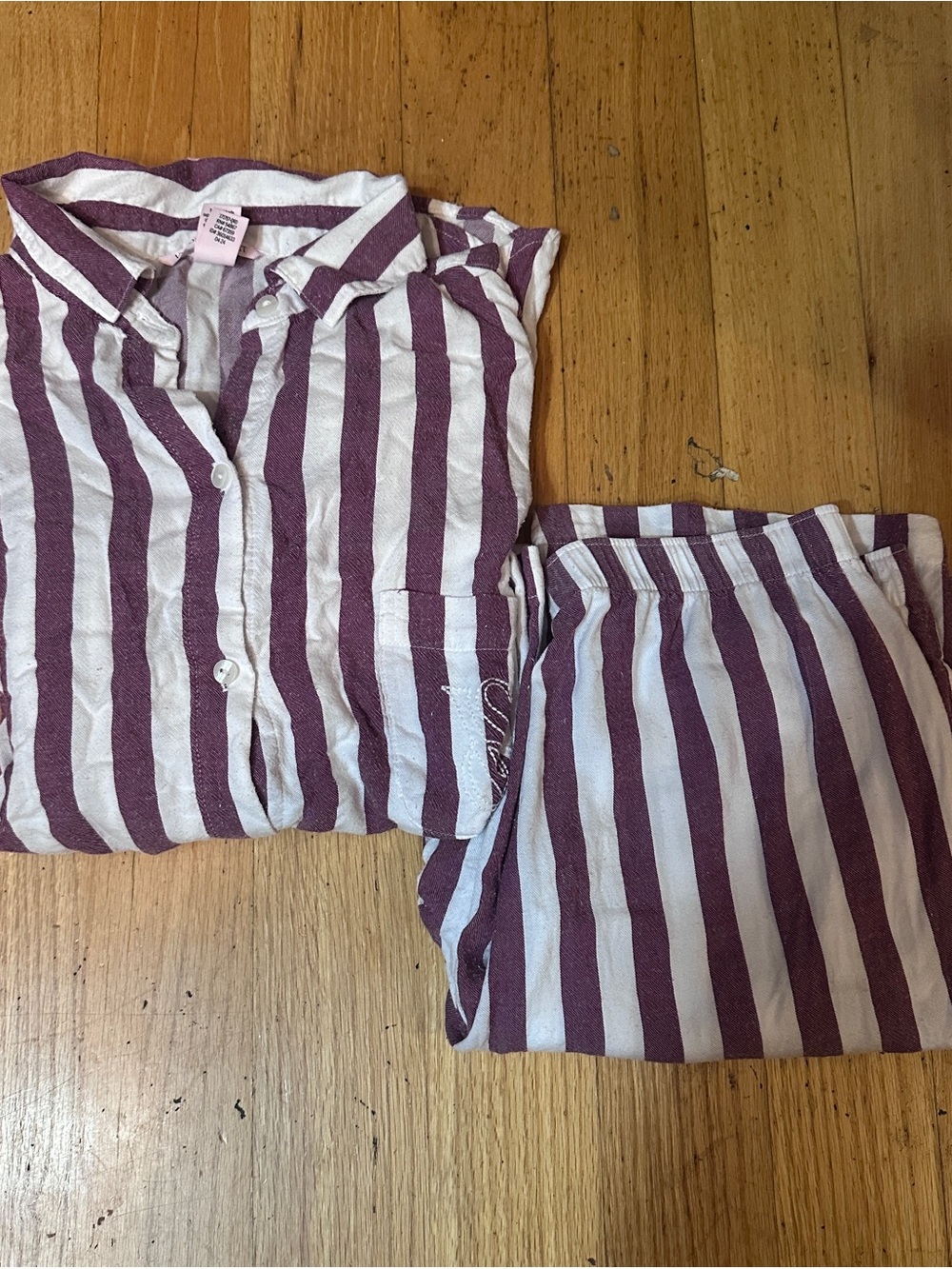 🍷🤍Victoria’s Secret Wine White Stripe Modal Cotton Long Pajama Set Size Small✨